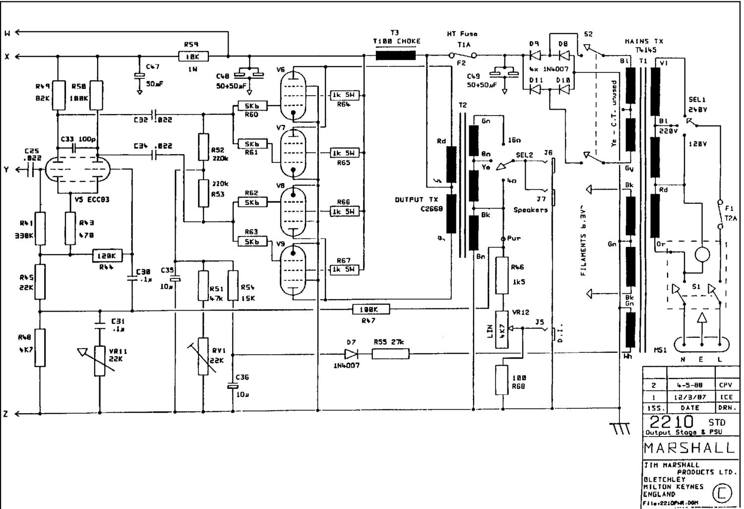 Marshall 2210 JCM800 Split Channel Reverb 100W head Schematic